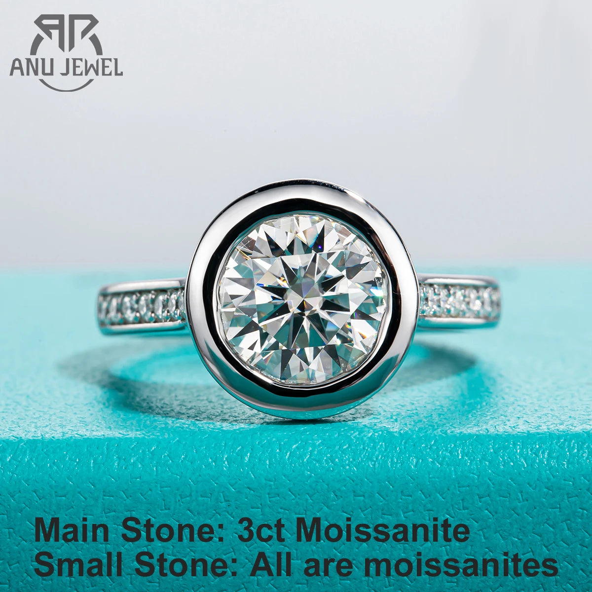 3ct moissanite bezel ring, black gun plated S925 — Aurora Moissanite