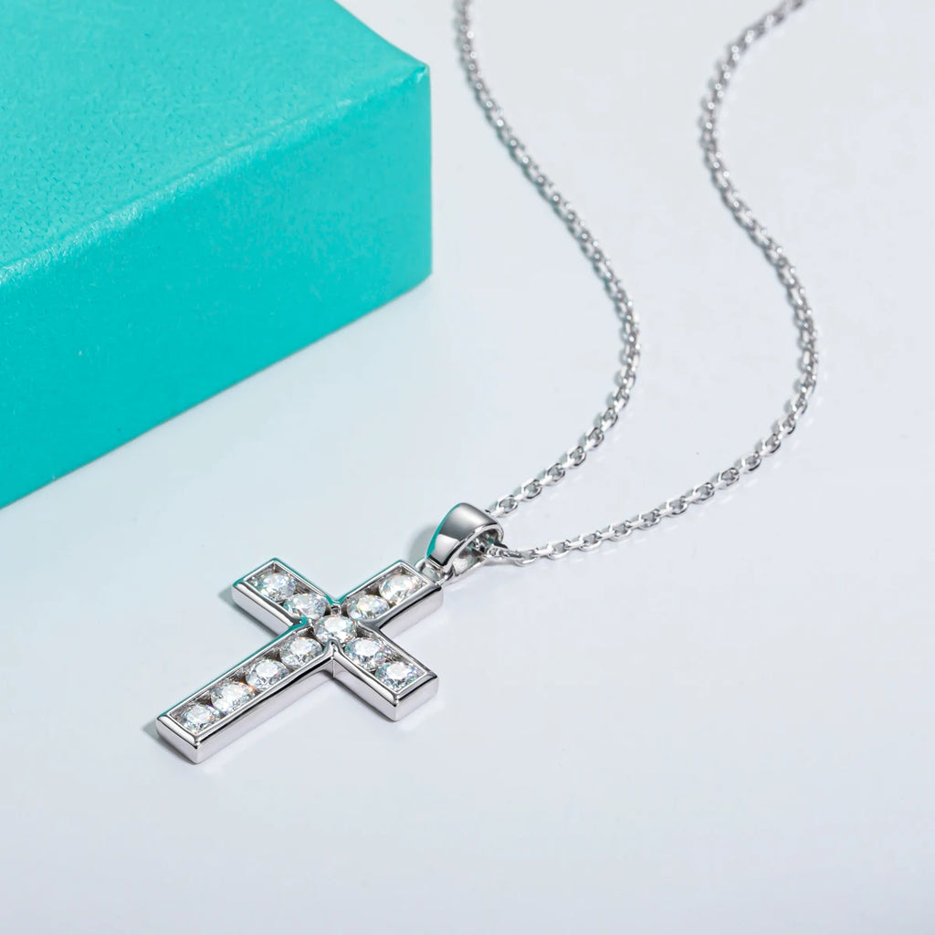 2.2cttw moissanite cross pendant necklace, side angle view, rhodium-plated sterling silver — Aurora Moissanite