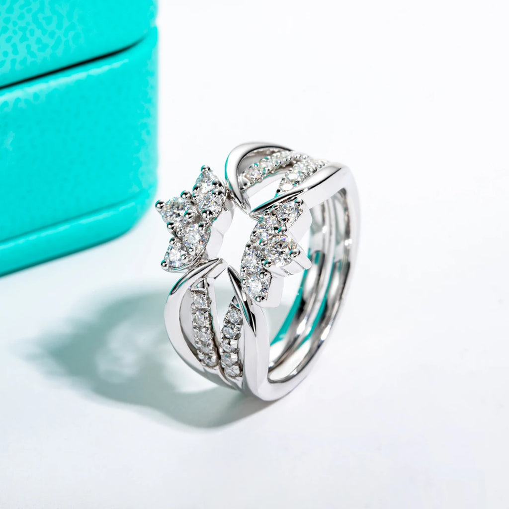 The Cora Ring — crown moissanite bridal set, front view — Aurora Moissanite