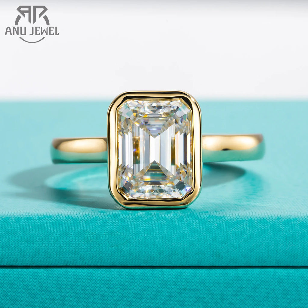 3ct emerald moissanite bezel ring, 14K yellow gold plated S925 — Aurora Moissanite