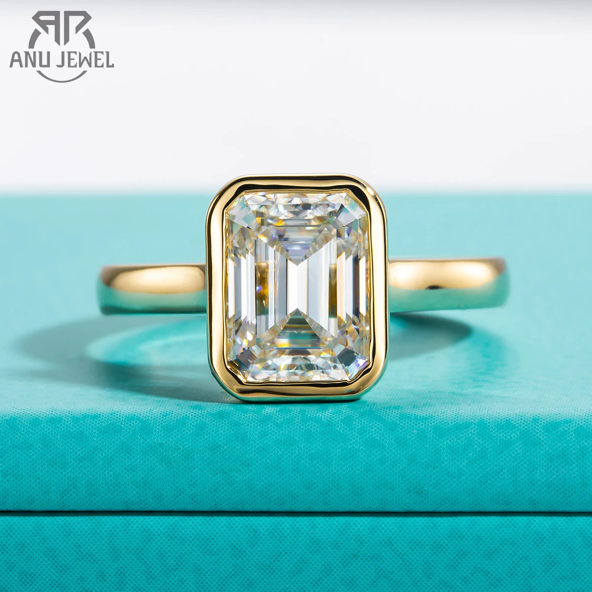 3ct emerald moissanite bezel ring, 14K yellow gold plated S925 — Aurora Moissanite
