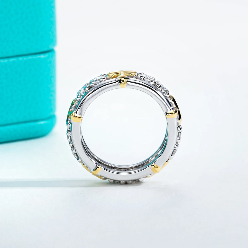 The Lace Band lifestyle — moissanite cross pattern eternity ring worn on finger — Aurora Moissanite