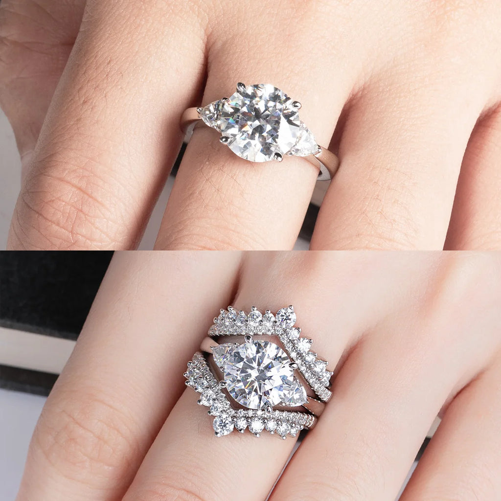 The Reina Ring worn — 4.6ct round moissanite engagement ring, 18K white gold — Aurora Moissanite