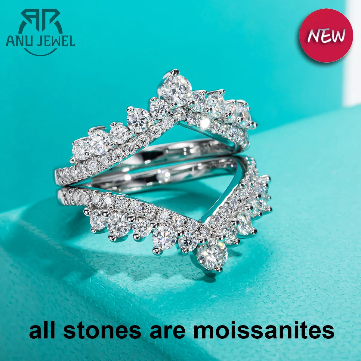 3mm heart moissanite ring worn, two-ring set showing stacked on finger — Aurora Moissanite