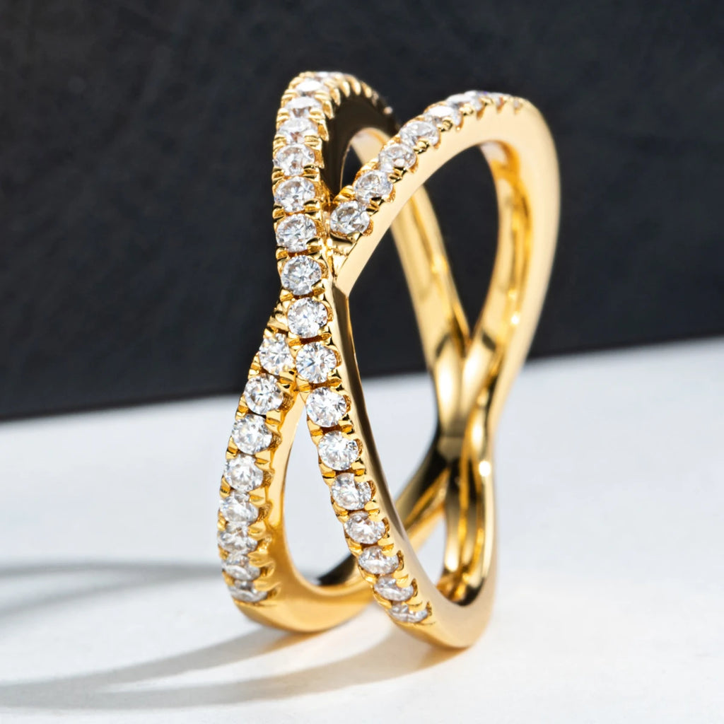 The Thorn Band lifestyle — moissanite crossover ring worn on finger — Aurora Moissanite