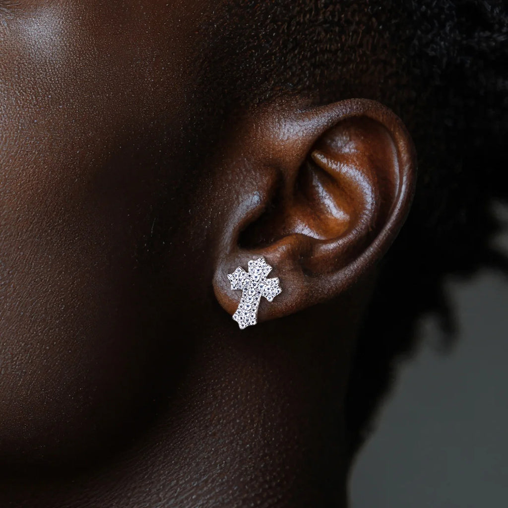 The Noir Earrings lifestyle — iced cross moissanite worn — Aurora Moissanite