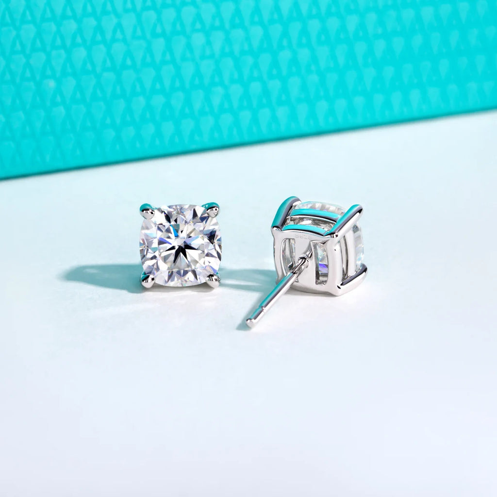 Cushion moissanite earrings, side view, S925 — Aurora Moissanite