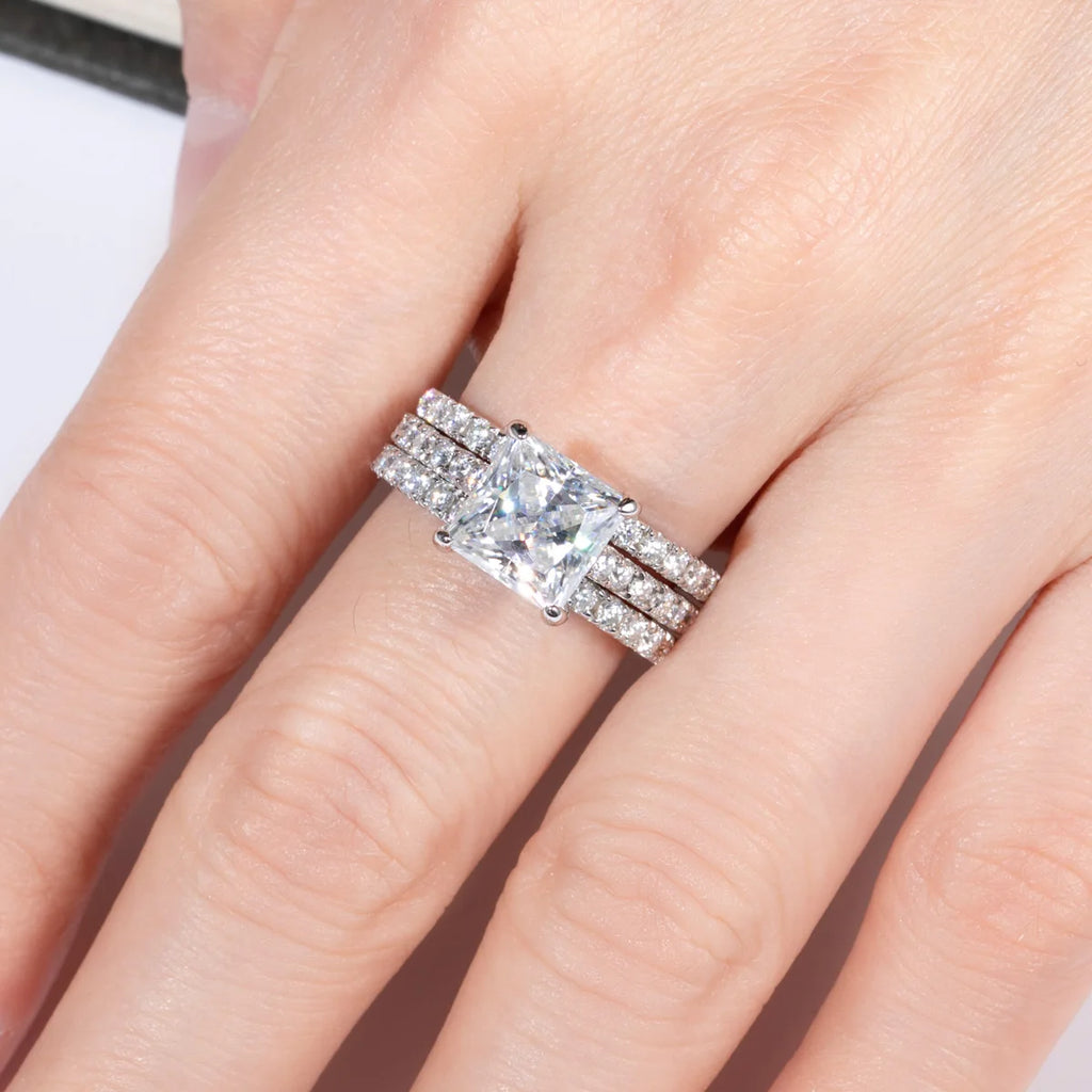 Princess moissanite ring and bands, 2 or 3 ring bridal set — Aurora Moissanite