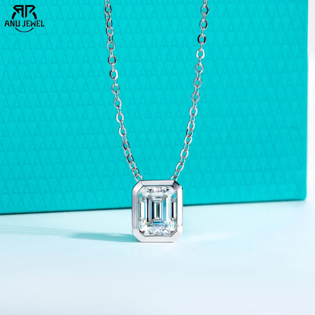 AnuJewel 0.6ct/1ct/2ct/3ct D Color Emerald Cut Moissanite Bezel Pendant Necklace 925 Sterling Silver Jewelry Gifts for Women