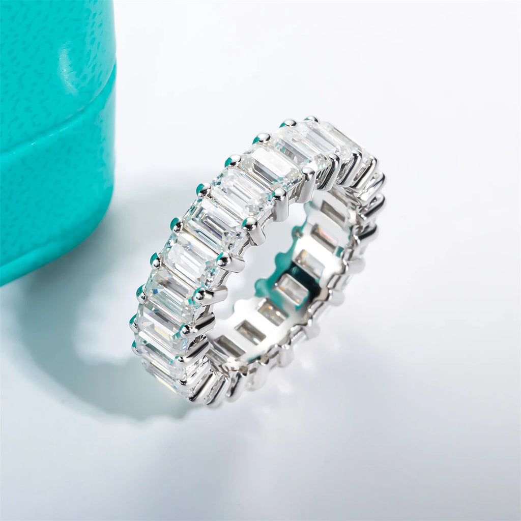 The Ember Band worn — 8.1cttw emerald moissanite full eternity band, S925 — Aurora Moissanite