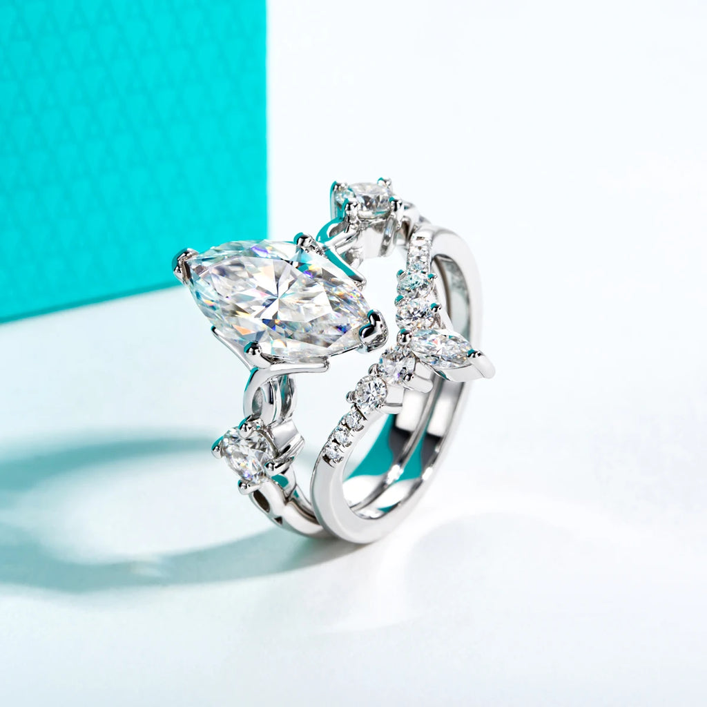 The Rhia Ring worn — 3ct marquise moissanite crown bridal set, 18K gold — Aurora Moissanite