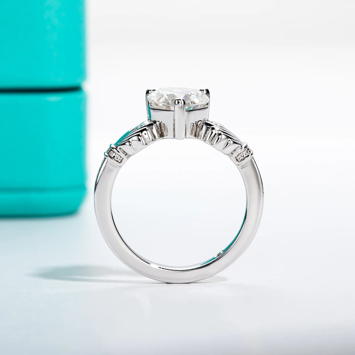Claddagh ring with gray moissanite, Celtic knot crown detail, heart hands — Aurora Moissanite