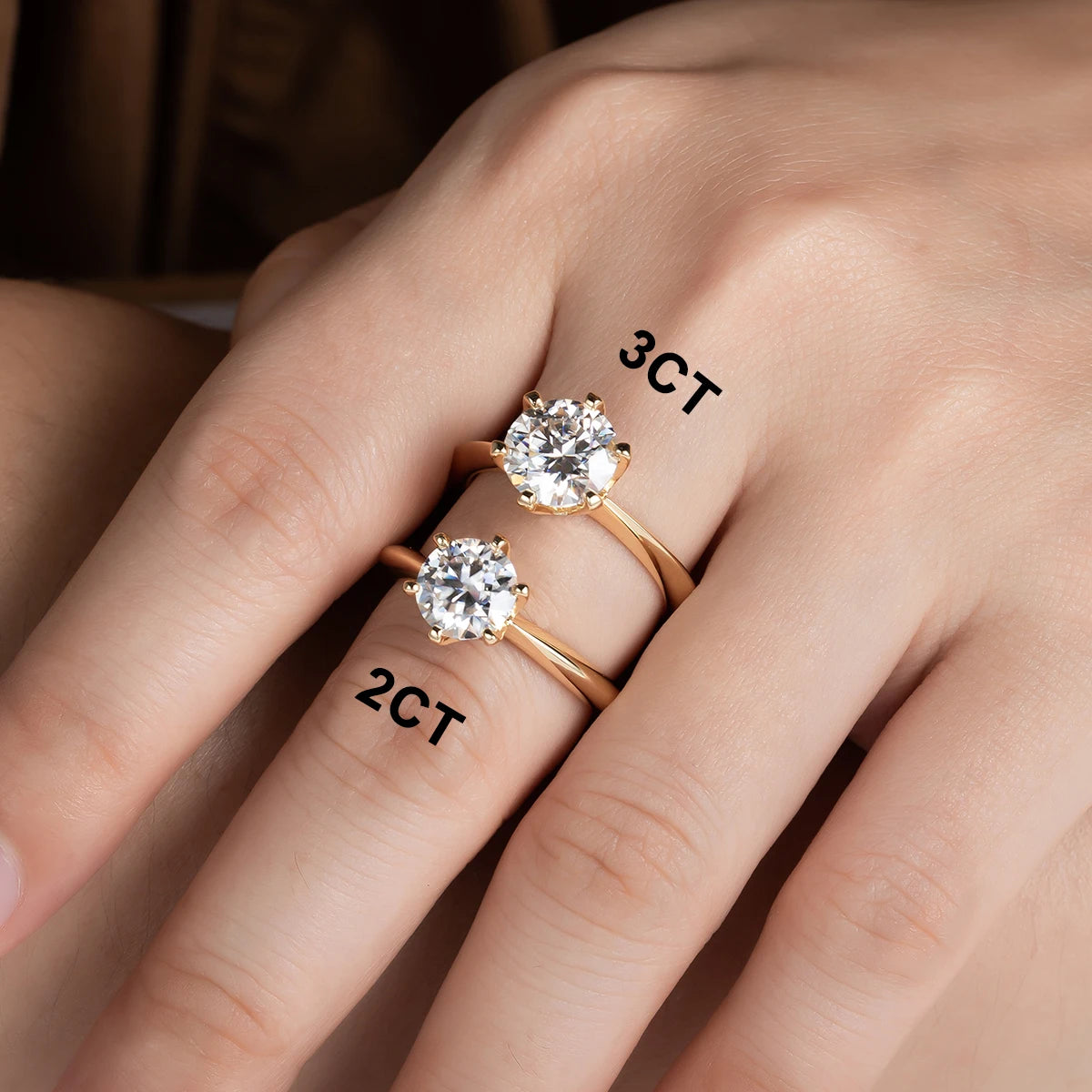 The Zael Ring worn — 2ct or 3ct round moissanite, 14K yellow gold — Aurora Moissanite