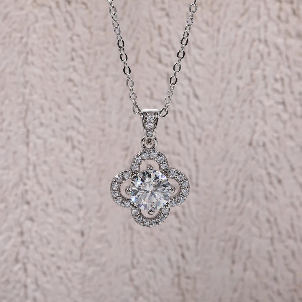 1ct moissanite halo pendant lifestyle shot, 18K white gold plated — Aurora Moissanite