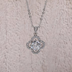 1ct moissanite halo pendant lifestyle shot, 18K white gold plated — Aurora Moissanite