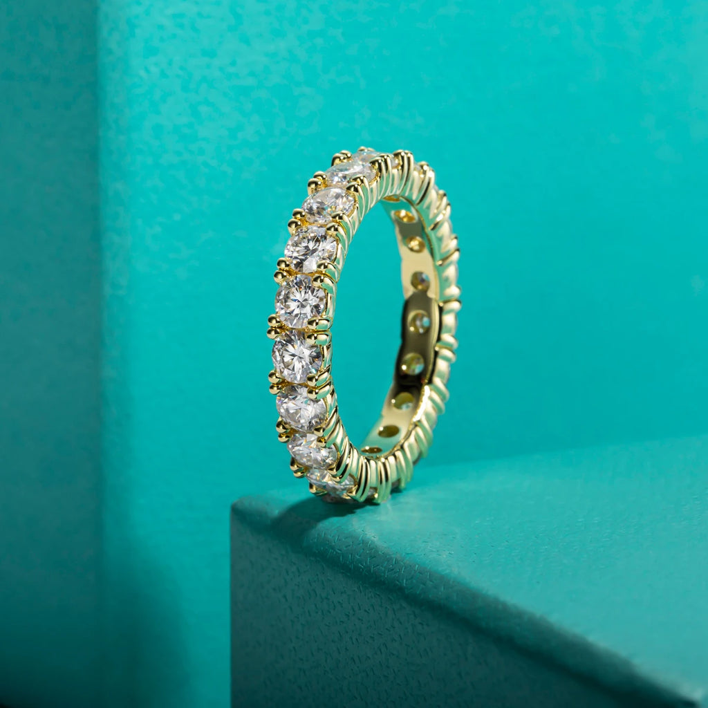 The Ora Band worn — 3.5mm moissanite full eternity band, 14K yellow gold — Aurora Moissanite