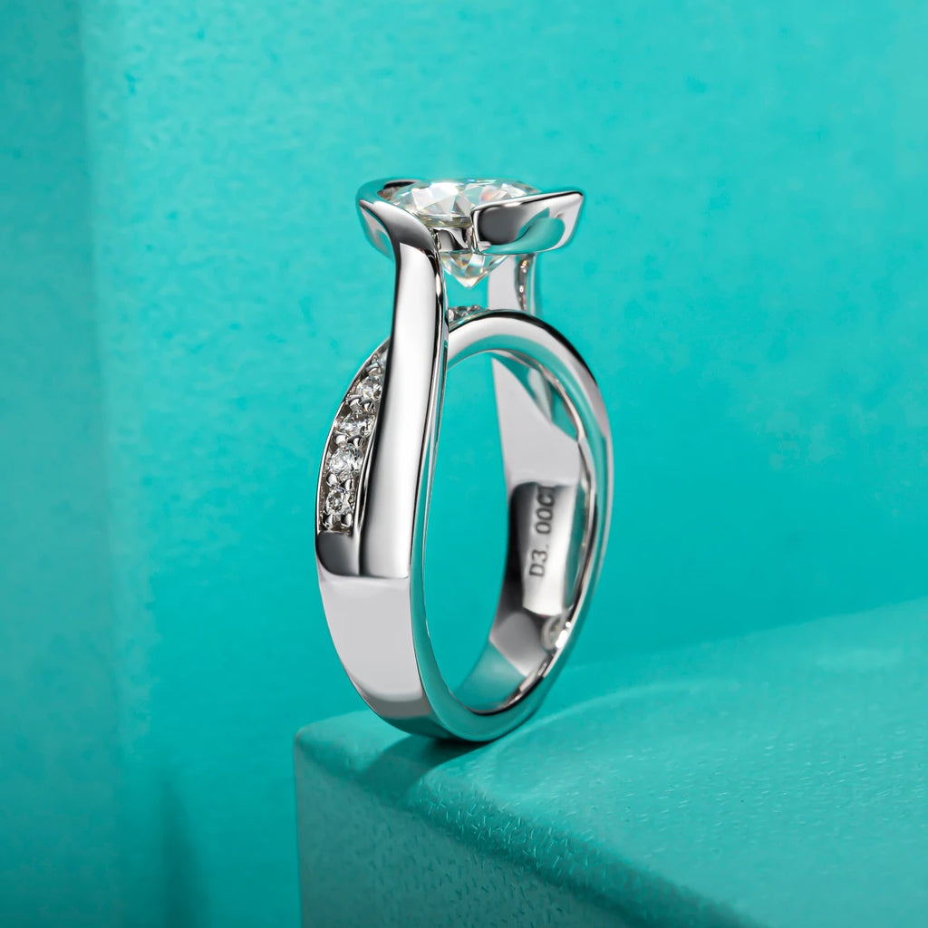 Round moissanite 3ct D color VVS1, gold bezel ring, continuous rim detail — Aurora Moissanite
