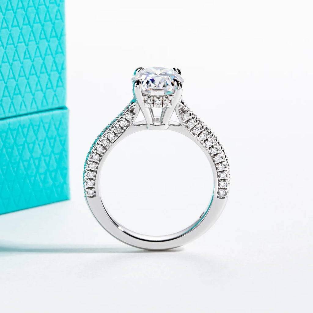 The Sael Ring lifestyle — 3ct oval moissanite solitaire worn on finger — Aurora Moissanite