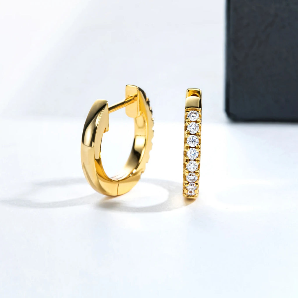 Moissanite huggie hoops 1.5mm D color, 14K yellow gold — Aurora Moissanite