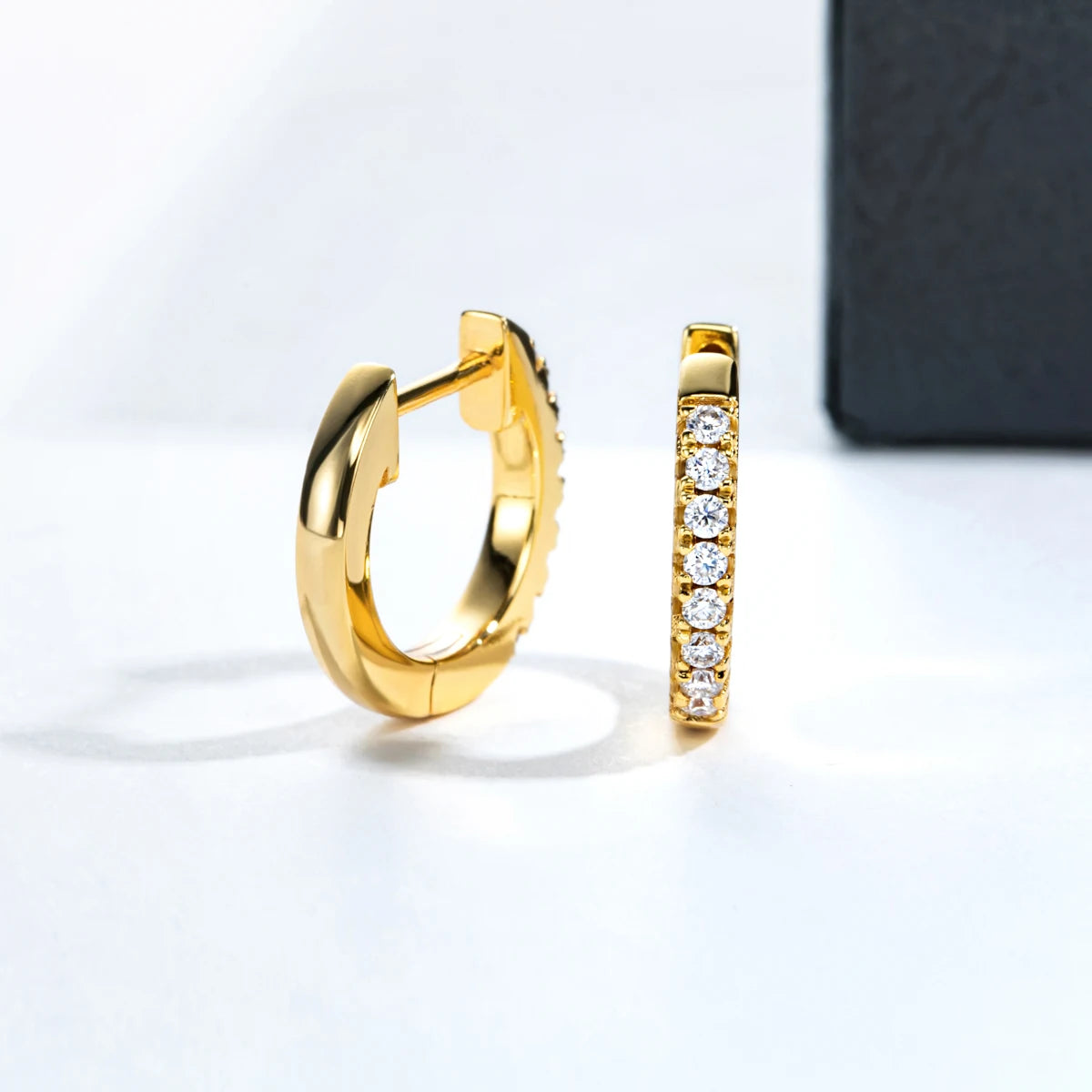 Moissanite huggie hoops 1.5mm D color, 14K yellow gold — Aurora Moissanite
