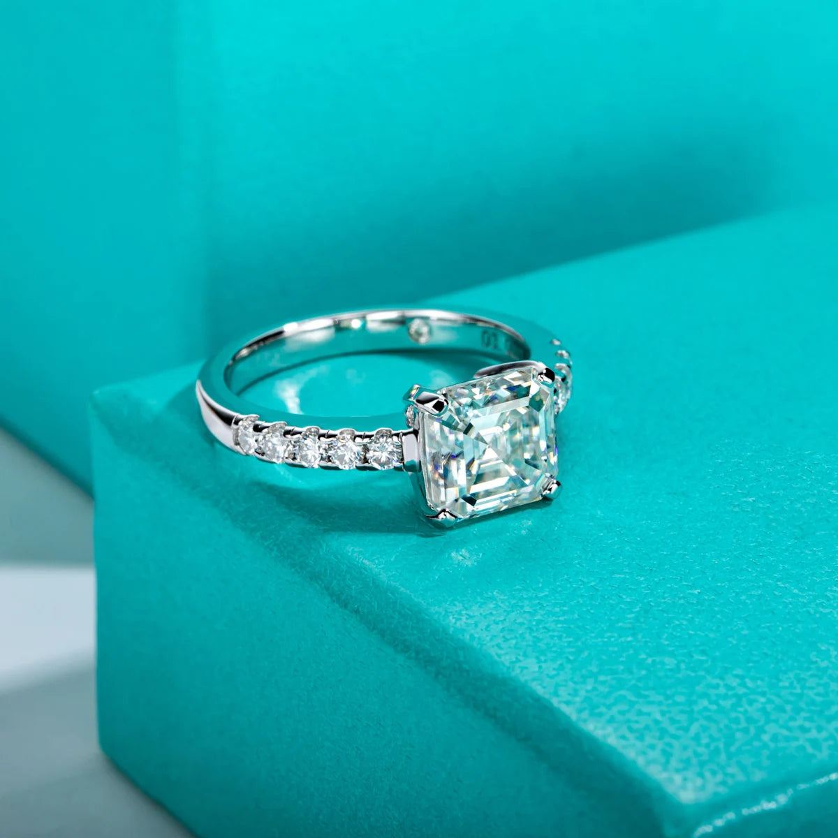 The Alix Ring — 3ct asscher moissanite, front view — Aurora Moissanite