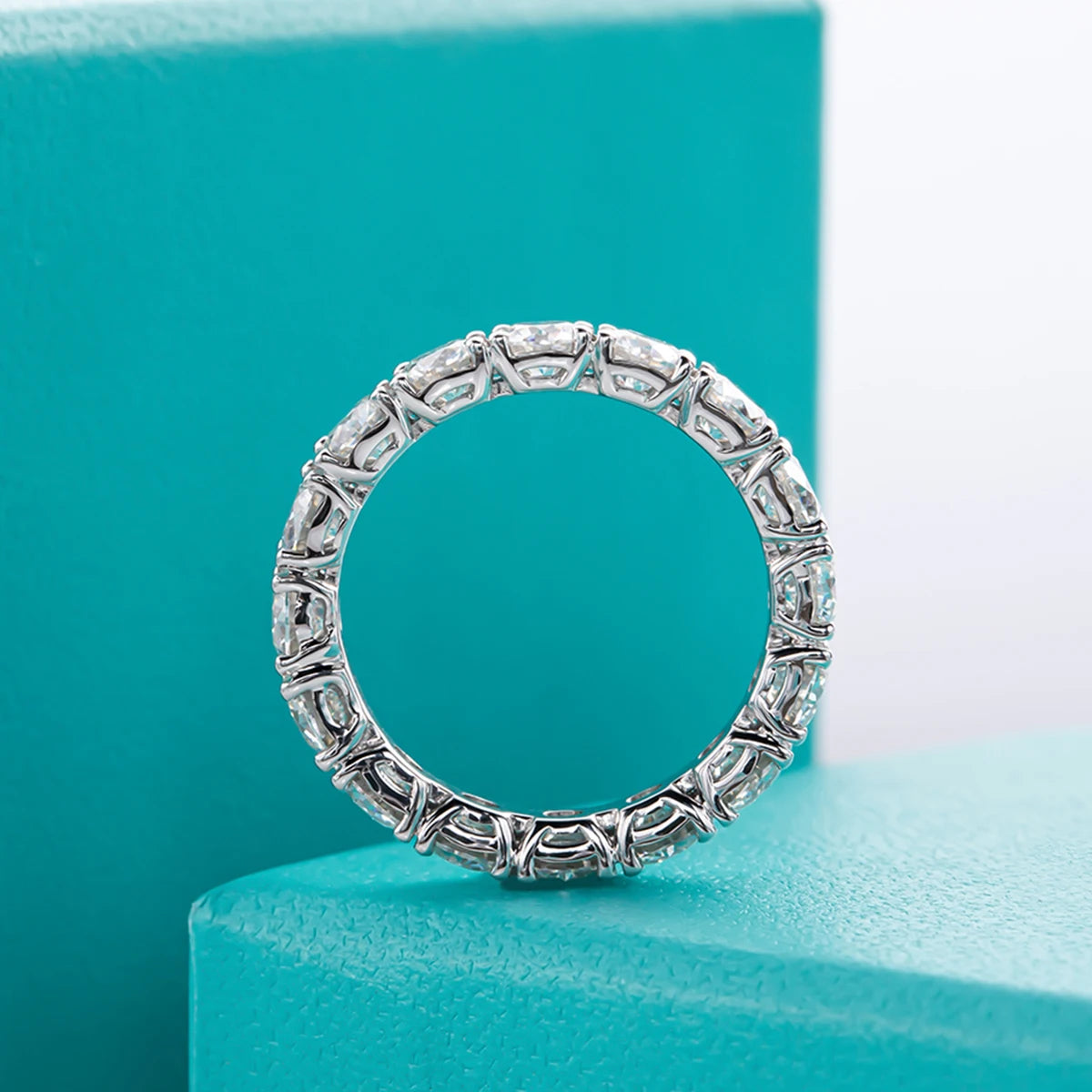 Moissanite eternity band 4mm D color VVS1, rhodium plated bright white — Aurora Moissanite