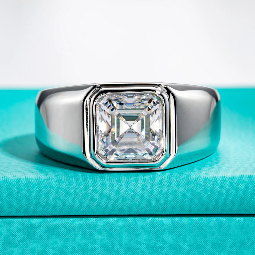 The Crux Ring — 3ct asscher moissanite men's ring, front view — Aurora Moissanite