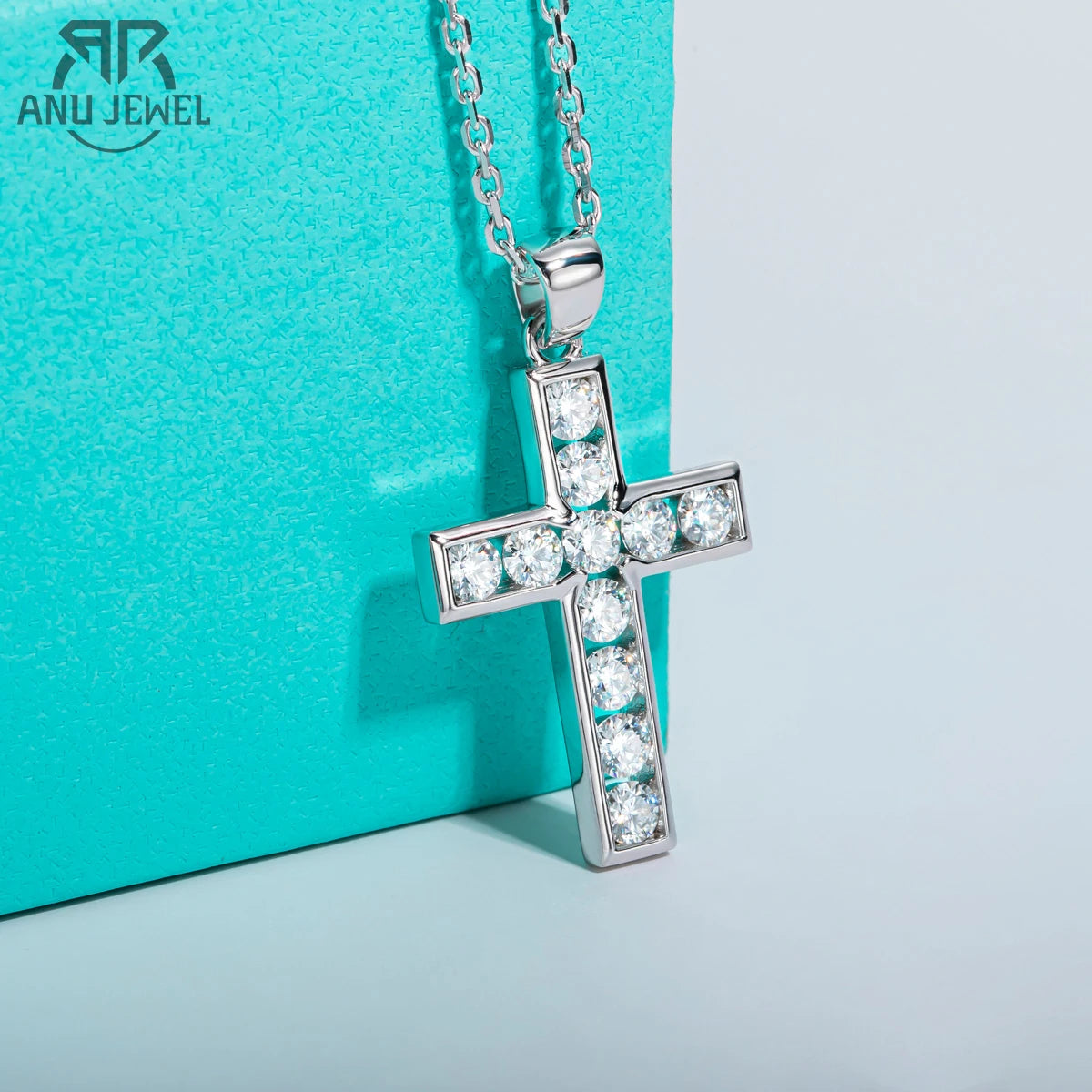 2.2ct round moissanite cross pendant necklace in S925 sterling silver, white background — Aurora Moissanite