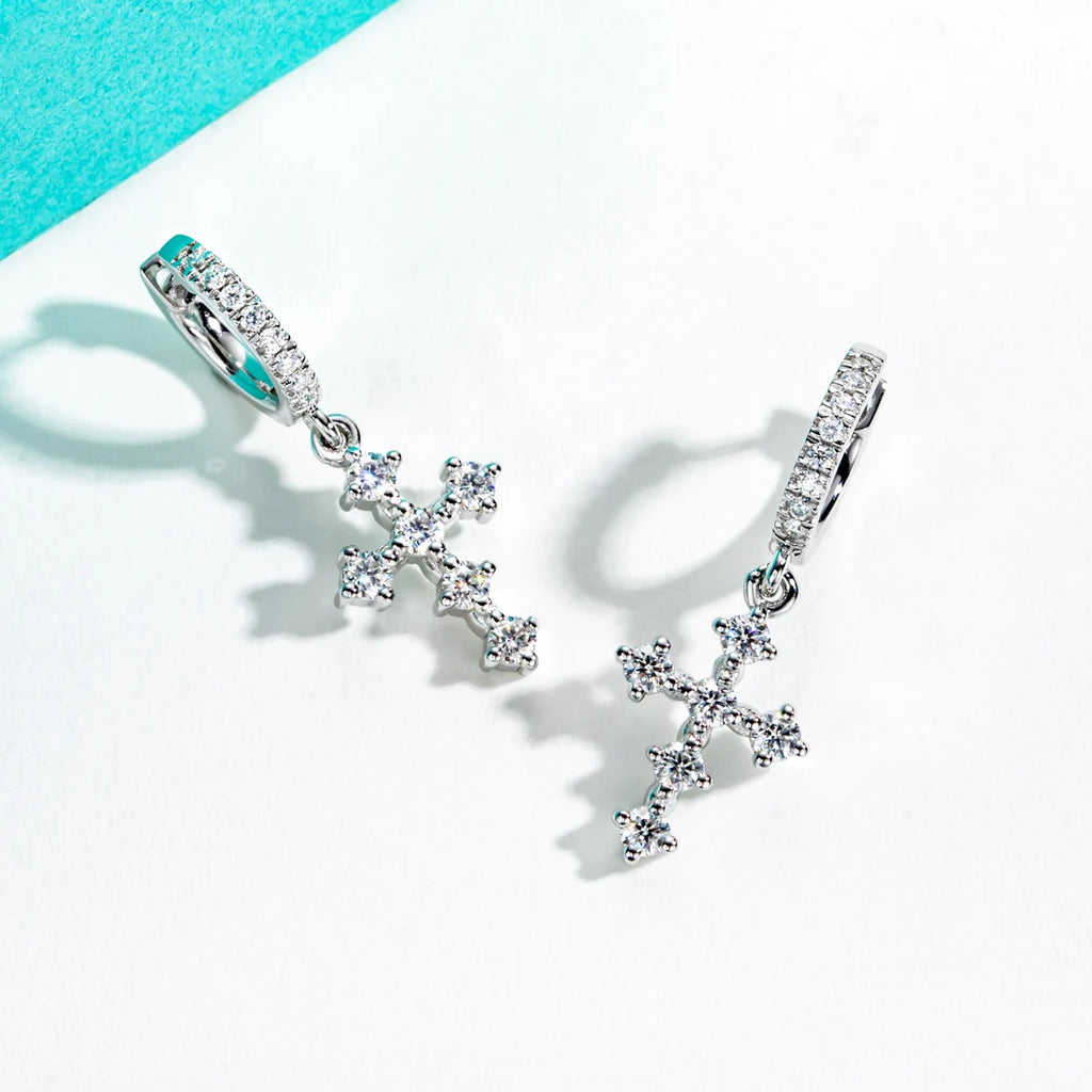Moissanite cross huggie earrings D color VVS1, S925 — Aurora Moissanite