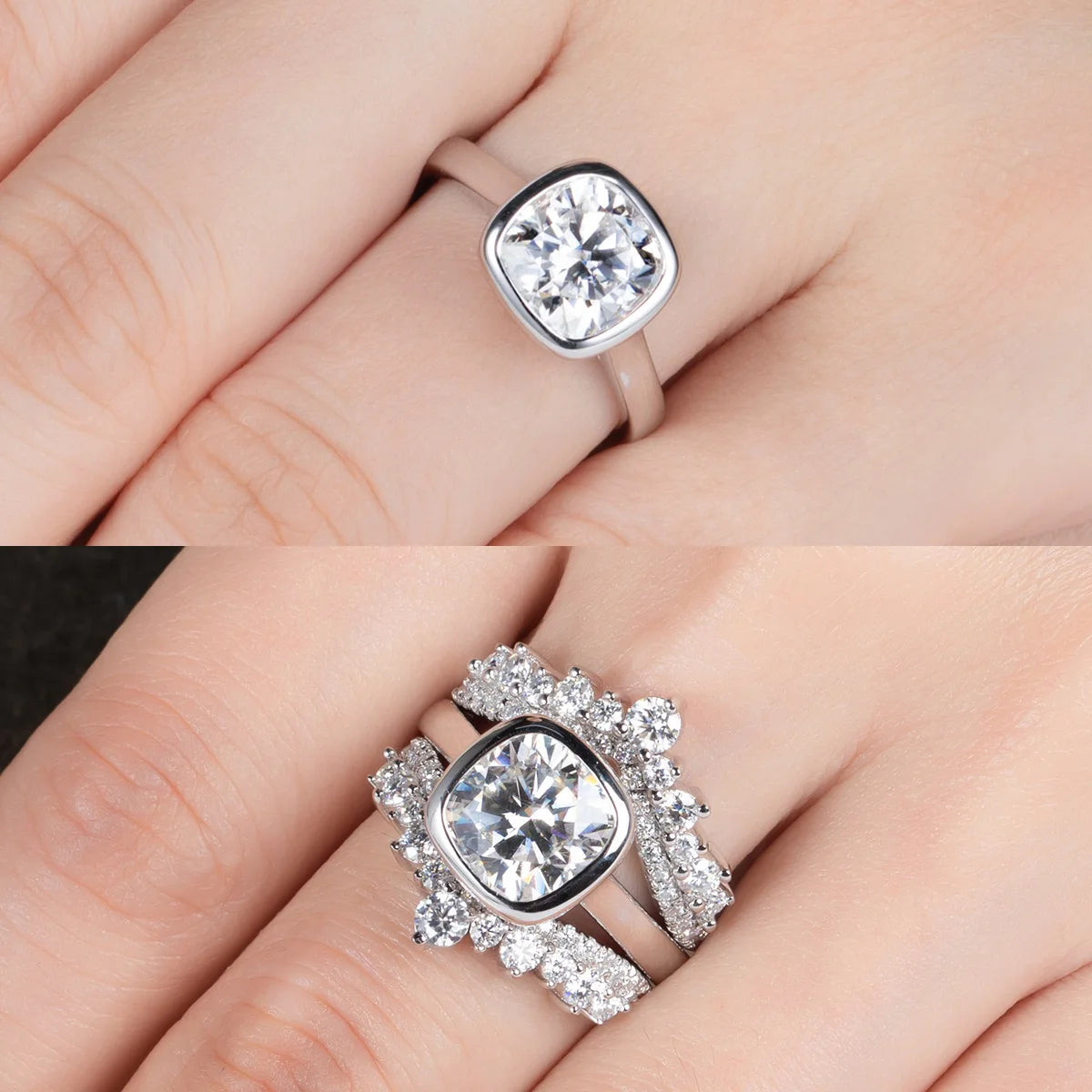 Cushion moissanite bezel ring top view, rounded-square outline in metal rim — Aurora Moissanite