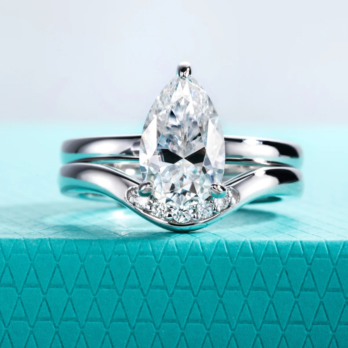 The Triana Ring — 3ct pear moissanite bridal set, front view — Aurora Moissanite