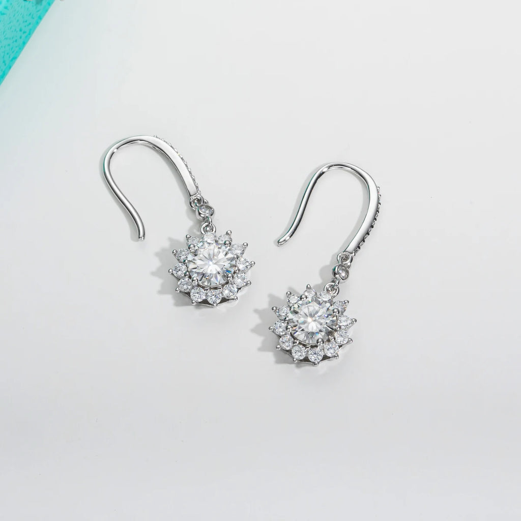 Sunflower moissanite earrings 1ct D color VVS1, floral hook design — Aurora Moissanite