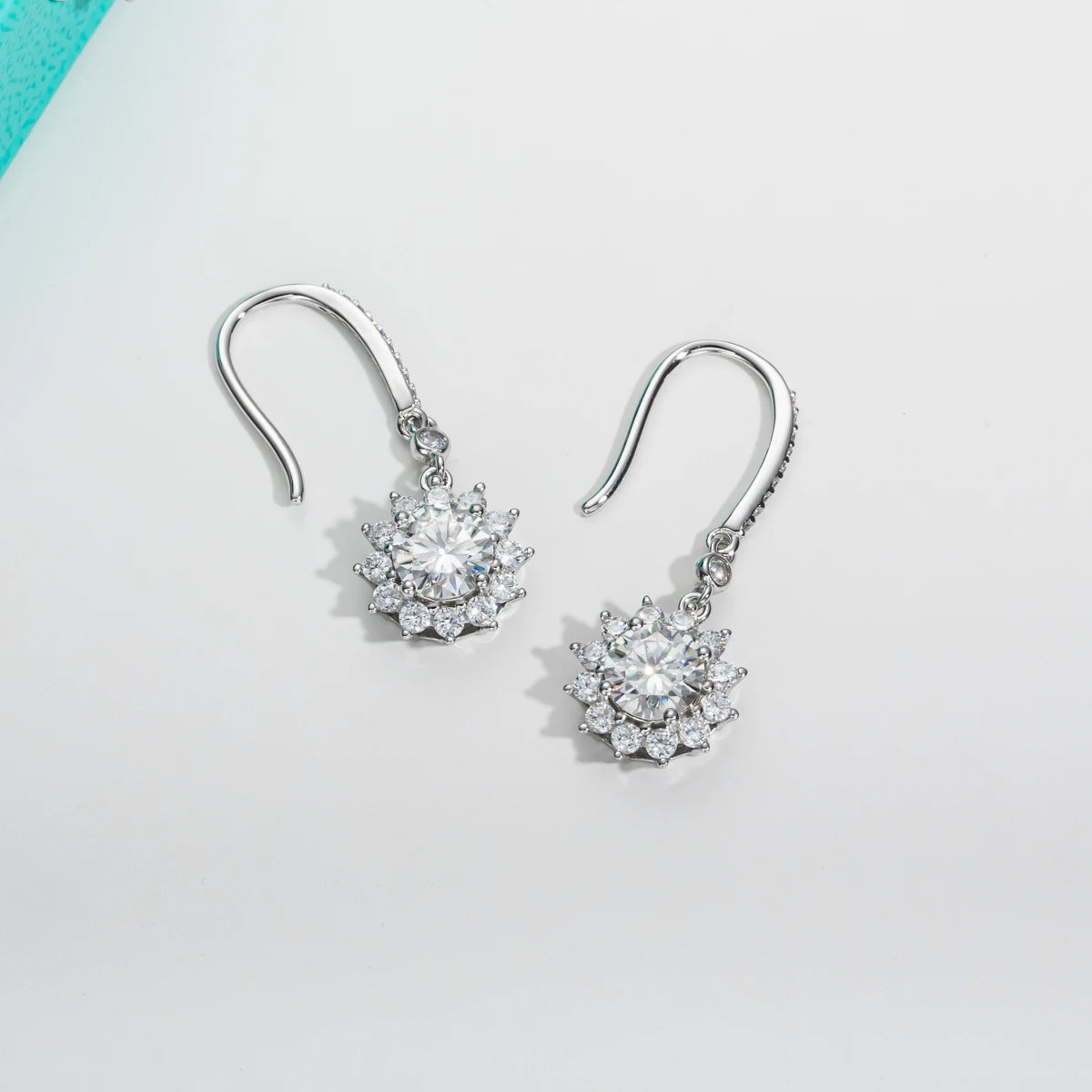 Sunflower moissanite earrings 1ct D color VVS1, floral hook design — Aurora Moissanite