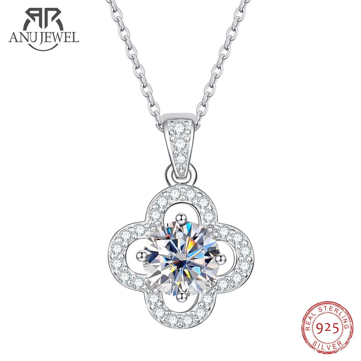 1ct moissanite floral halo pendant necklace, S925 silver, white background — Aurora Moissanite