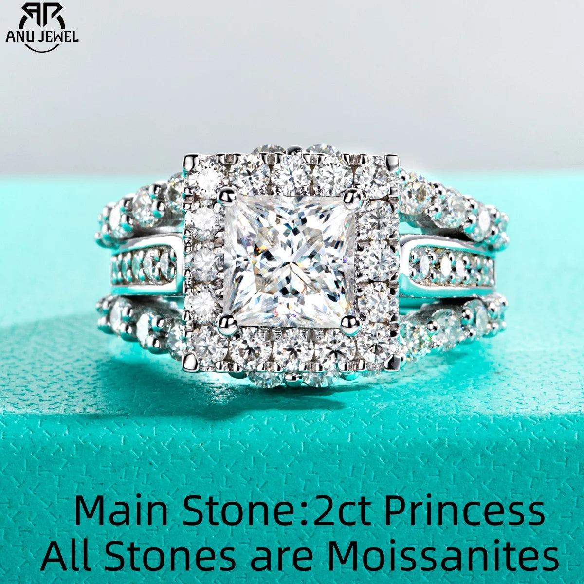 3.884ct princess moissanite engagement ring with accents, S925 silver — Aurora Moissanite