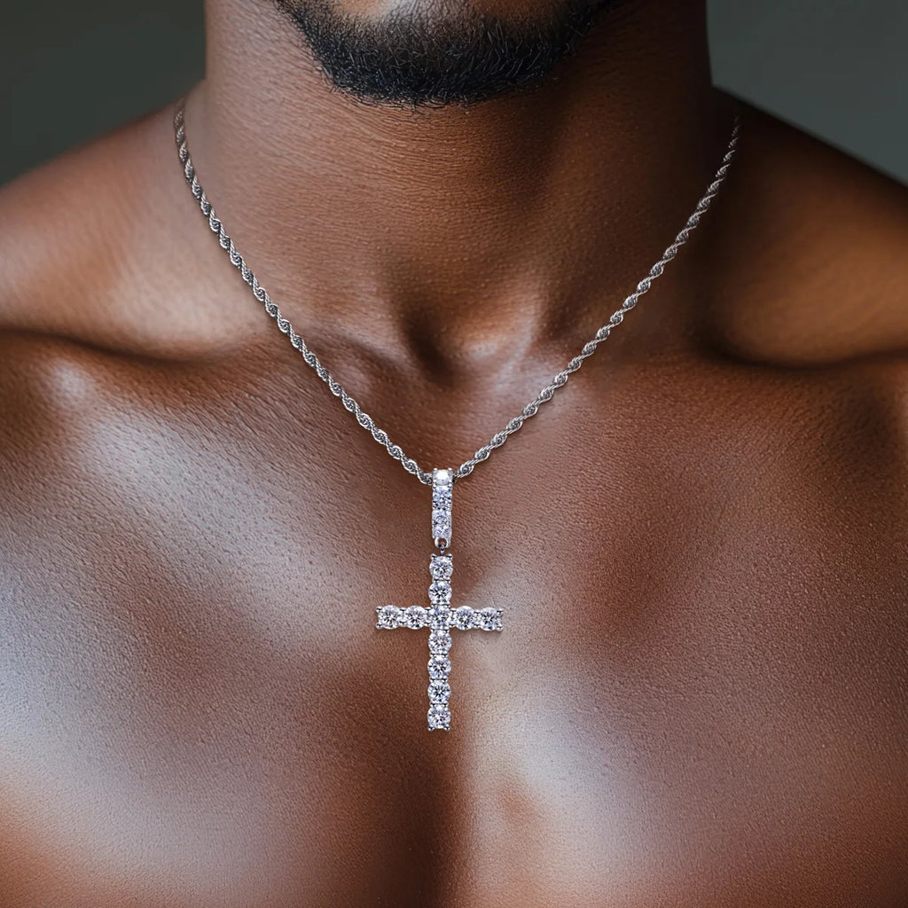 AnuJewel 6.7cttw D Color Moissanite Cross Pendant Layered Hip Hop Necklace 925 Sterling Silver New Age Dope Jewelry for Men
