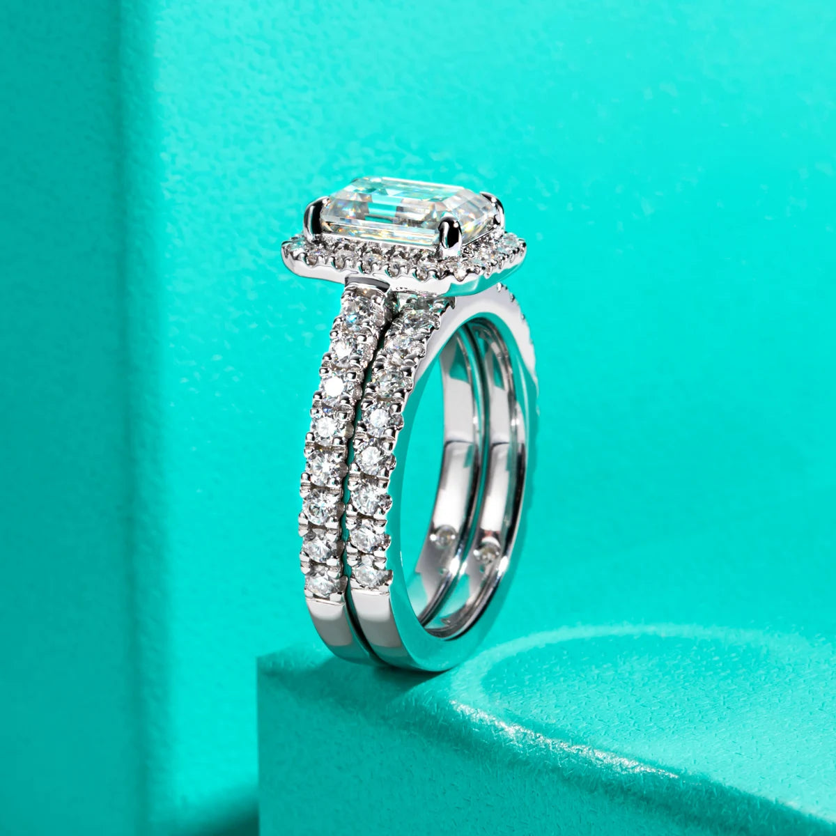 3ct emerald halo moissanite bridal set, side profile, S925 — Aurora Moissanite