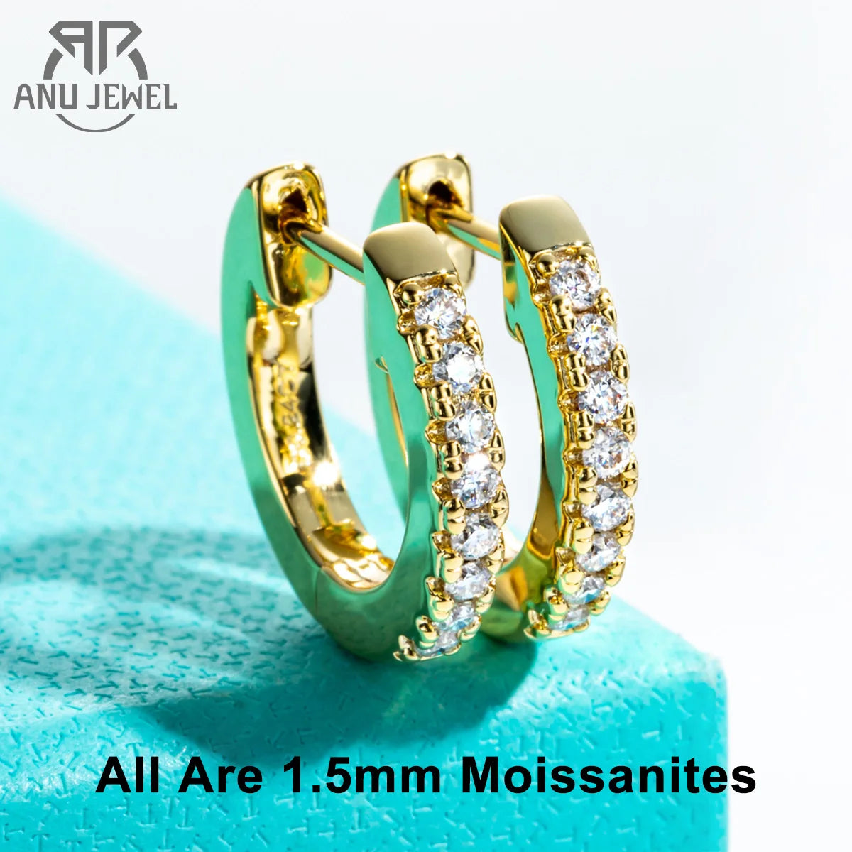 1.5mm moissanite huggie hoop earrings, 14K yellow gold — Aurora Moissanite