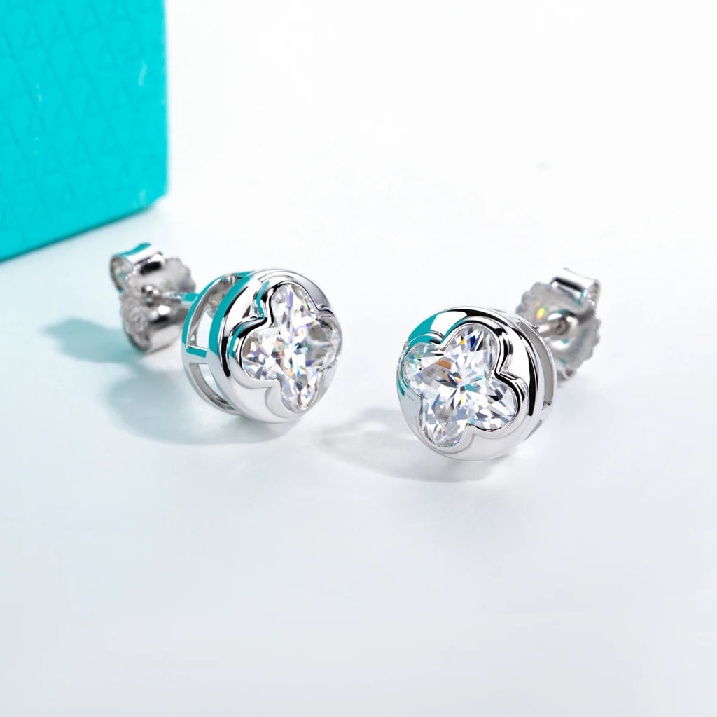 2cttw four-leaf clover bezel moissanite earrings side view, 18K gold — Aurora Moissanite