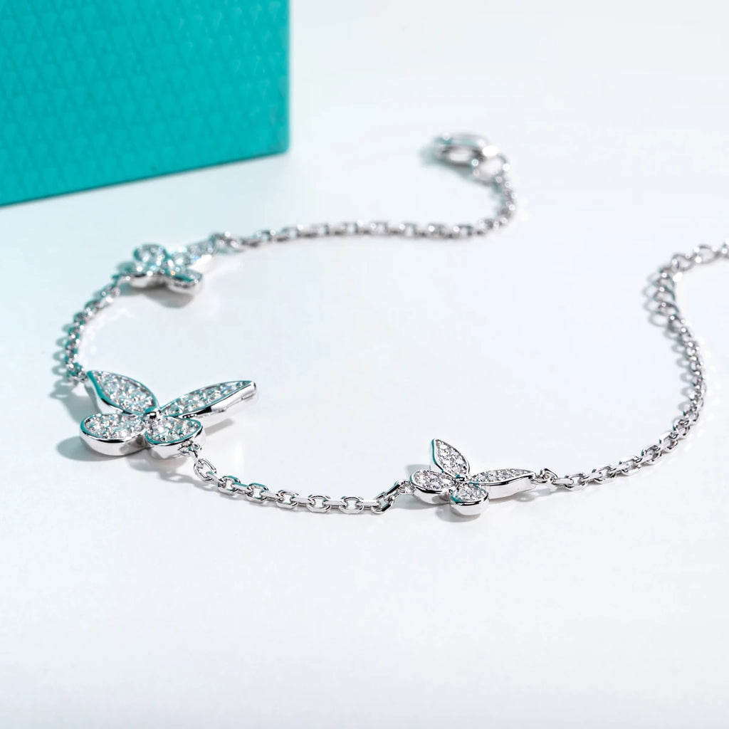 Moissanite butterfly bracelet D color VVS1, butterfly charm detail, 18K gold plated — Aurora Moissanite