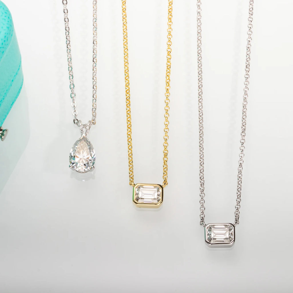 The Step Pendant — 1ct emerald cut moissanite pendant, front view — Aurora Moissanite