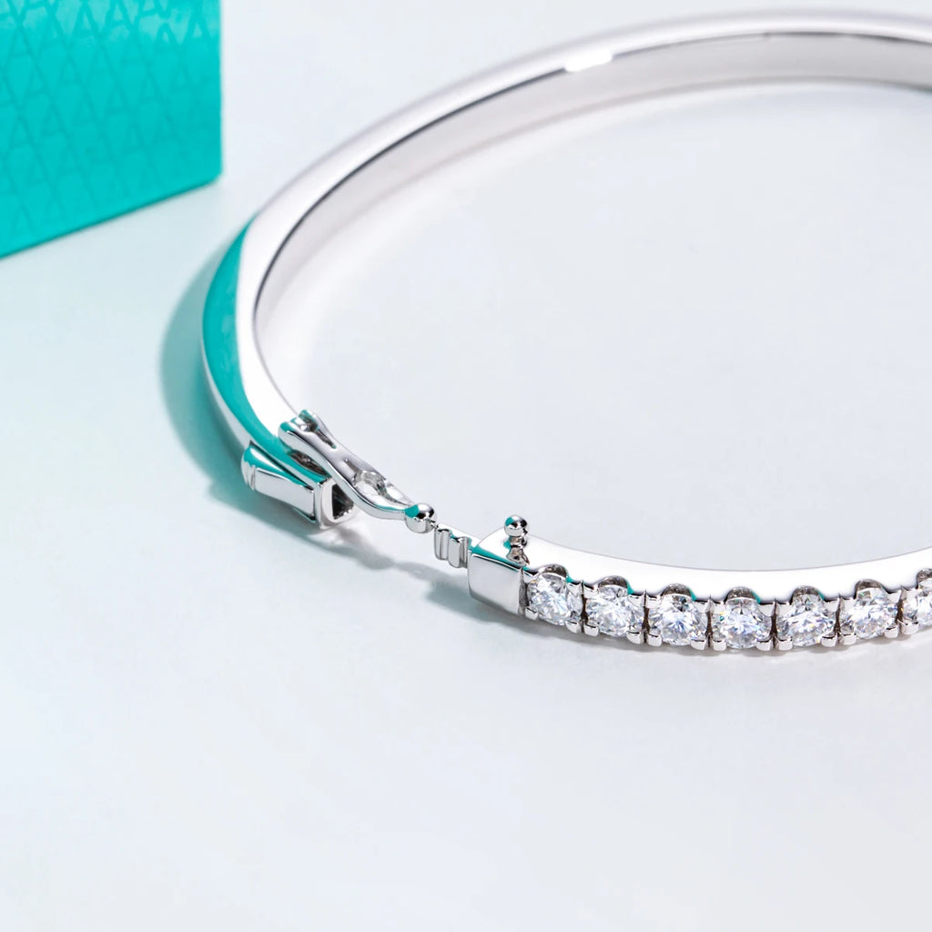 Moissanite half-eternity bracelet 3mm, side angle, 18K white gold plated sterling silver — Aurora Moissanite