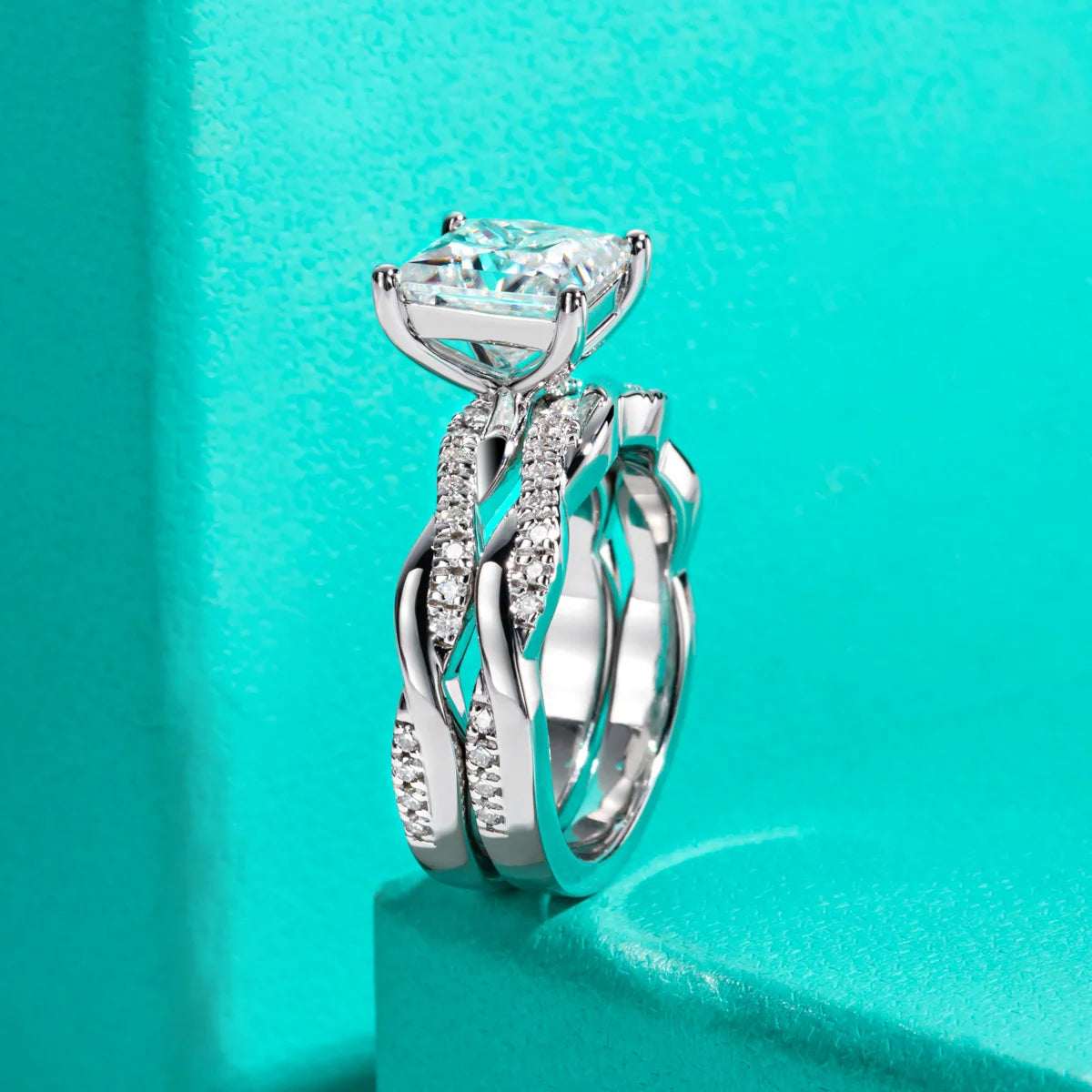 3ct princess moissanite bridal set, side profile, S925 sterling silver — Aurora Moissanite