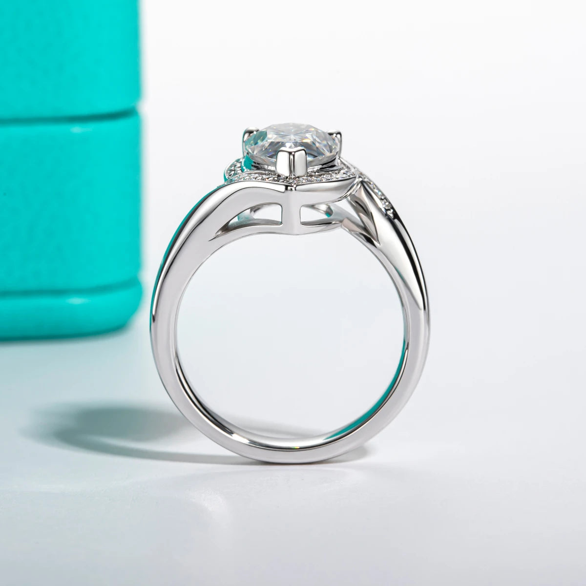 2.5ct pear moissanite halo ring, side profile, S925 sterling silver — Aurora Moissanite