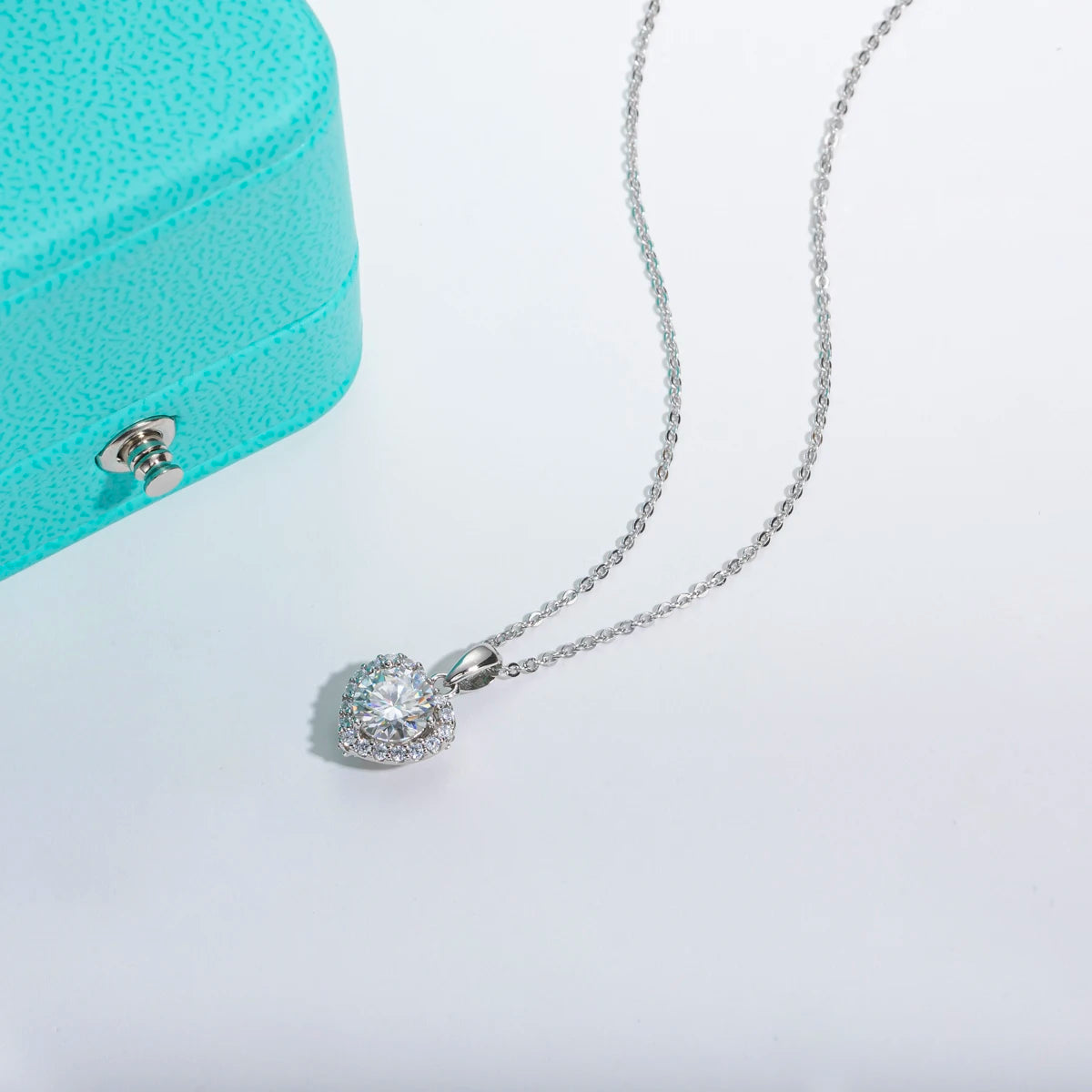 Heart moissanite pendant 1ct D color VVS1, accent surround detail — Aurora Moissanite