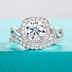 The Iona Ring — 2ct halo moissanite bridal set, front view, 18K gold plated — Aurora Moissanite