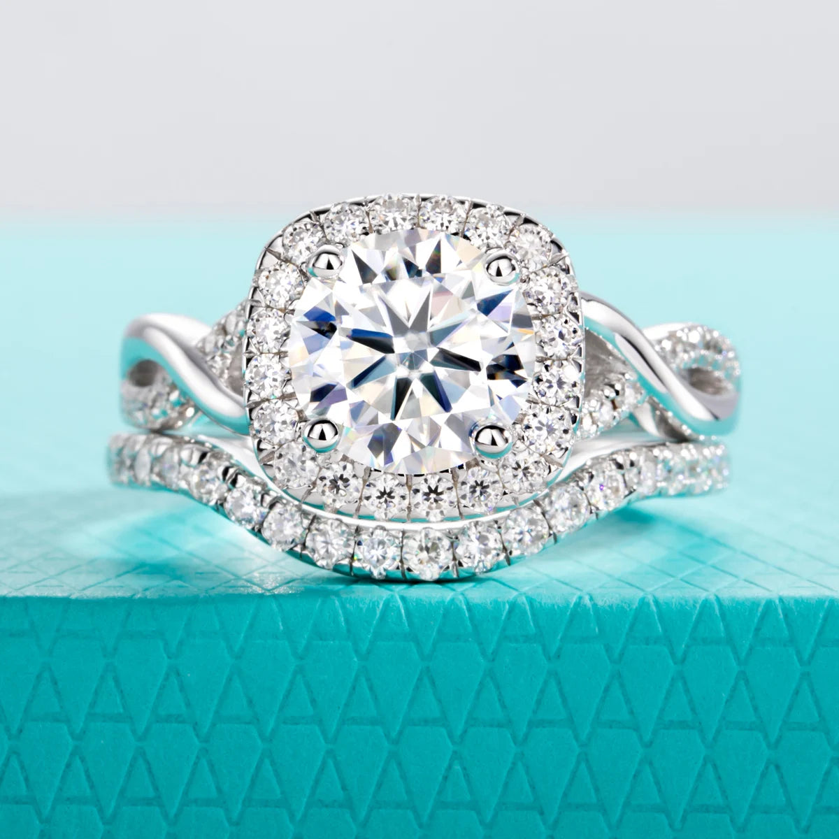 The Iona Ring — 2ct halo moissanite bridal set, front view, 18K gold plated — Aurora Moissanite