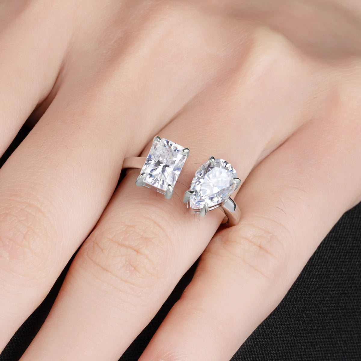 The Delta Ring worn — 4.5ct radiant pear moissanite toi et moi, S925 — Aurora Moissanite