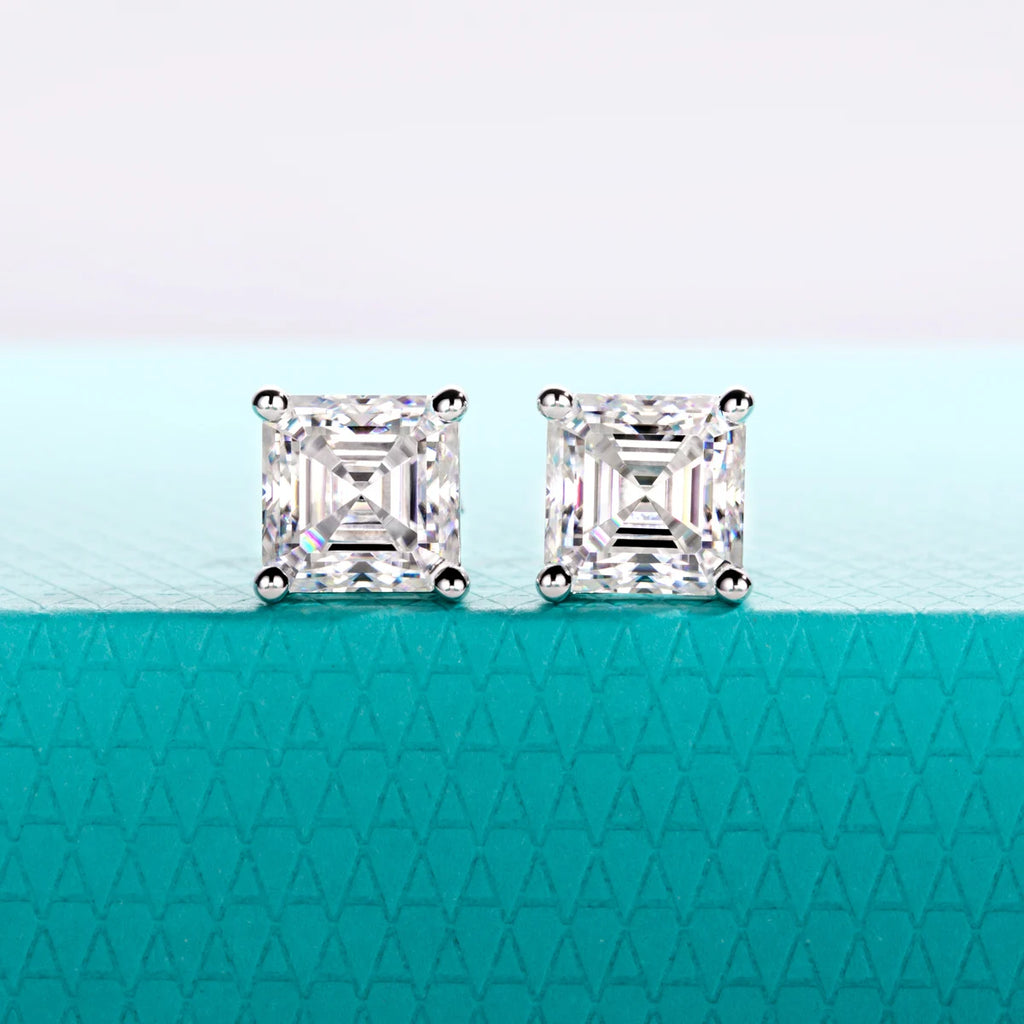 The Arch Earrings — asscher moissanite studs multi-carat, front view — Aurora Moissanite