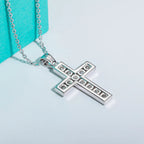Moissanite cross pendant necklace detail shot, round brilliant stones, S925 silver — Aurora Moissanite